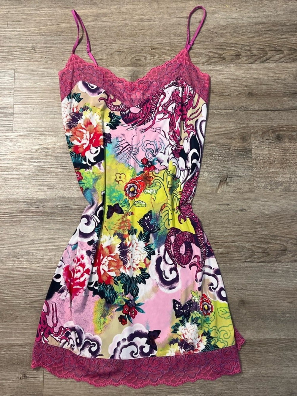 Josie vintage Y2K pink floral dragon print babydoll chemise slip dress size s - Picture 4 of 6